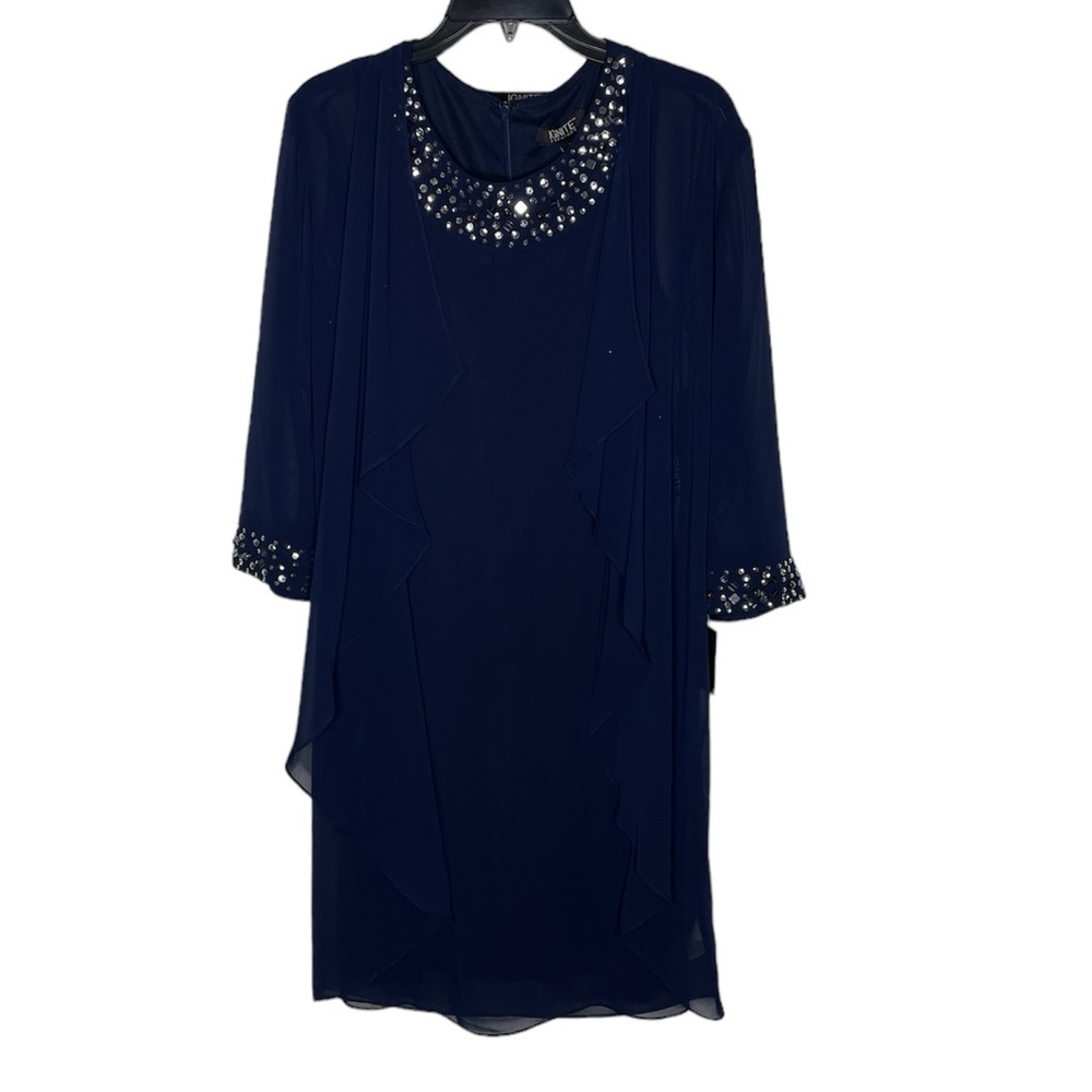 Ignite Evenings Chiffon Beaded Crew Neck 3/4 Sleeve 2-Piece Jacket Dress